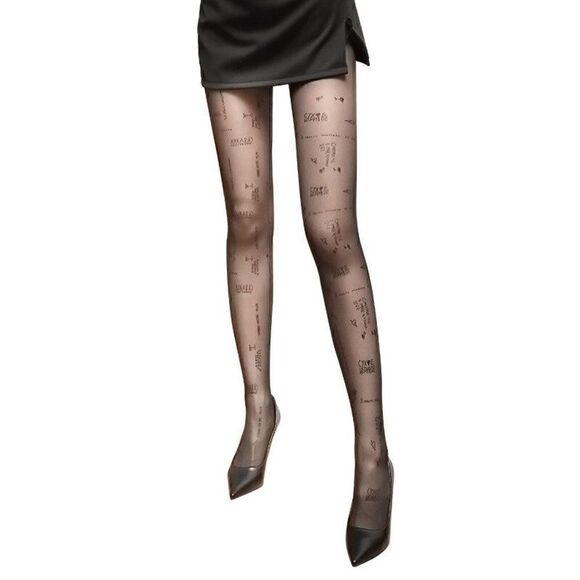 Funny Russian Text Letters Tattoo Printed Black Sheer Nylon Pantyhose Tights NEW - Picture 7 of 9